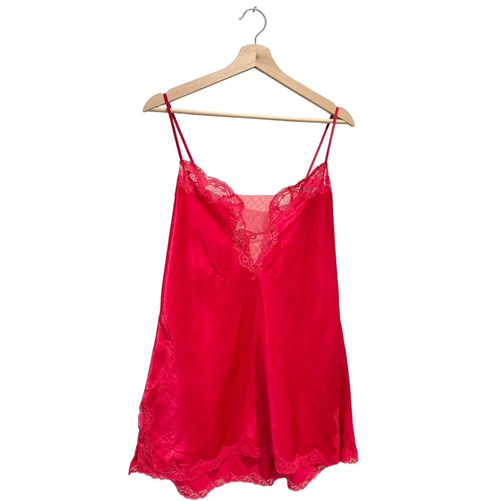 Vintage 2003 Victorias Secret Red Satin Lace Trim Slip Dress Size L
